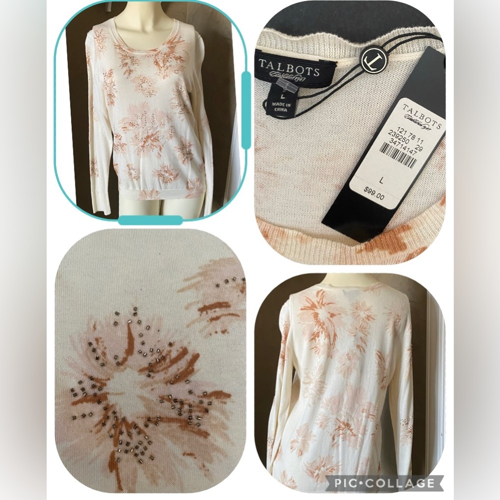 Talbots XL Cream Embellished sequins, beads Floral Long Sleeve Sweater Women's